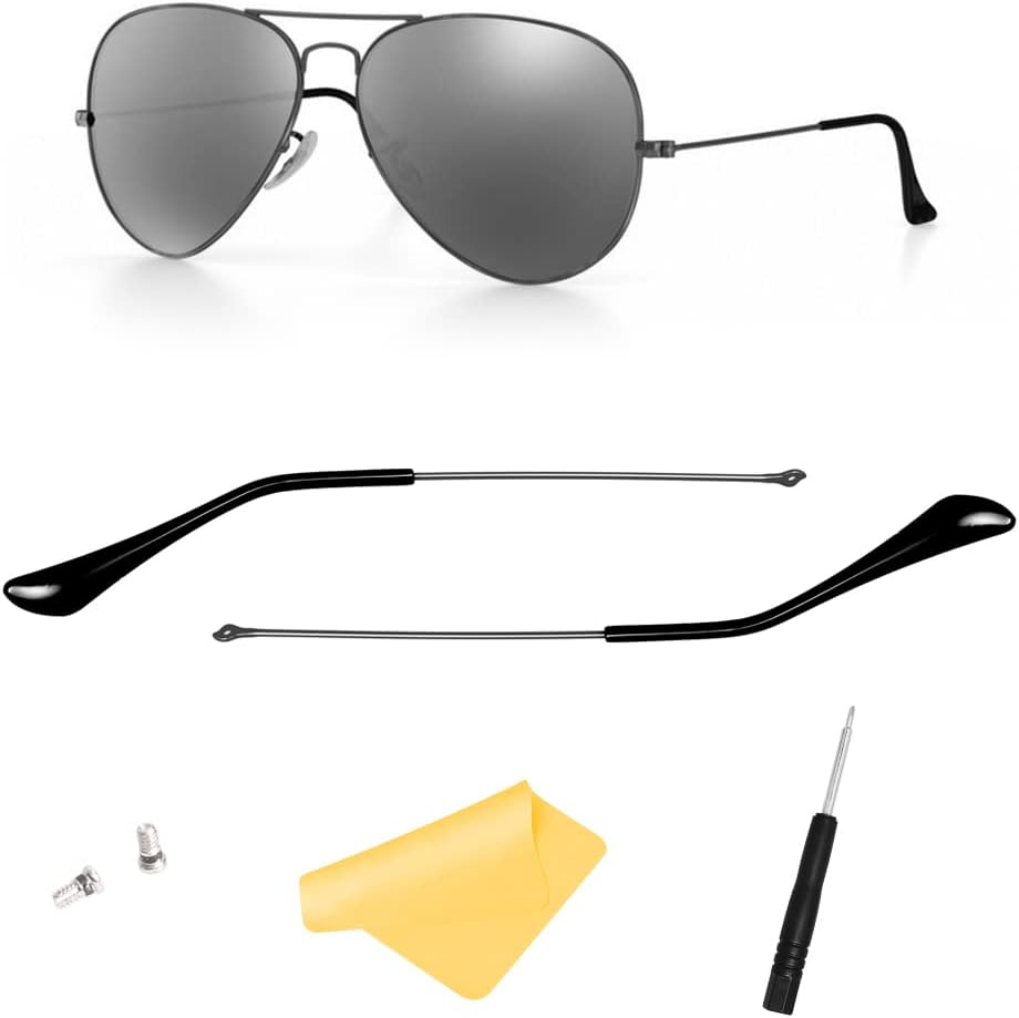 Compatible/Replacement Temple Tips Temple Arms(Ear Socks) Screws Screwdriver for Ray-Ban Aviator Series RB3025 3025 Sunglass ((Silver) Temple Arms+(Black) Temple Tips)