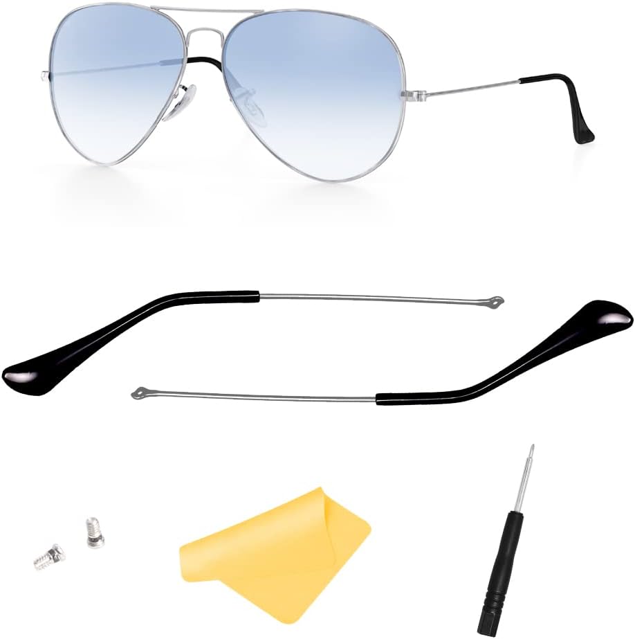 Compatible/Replacement Temple Tips Temple Arms(Ear Socks) Screws Screwdriver for Ray-Ban Aviator Series RB3025 3025 Sunglass ((Silver) Temple Arms+(Black) Temple Tips)