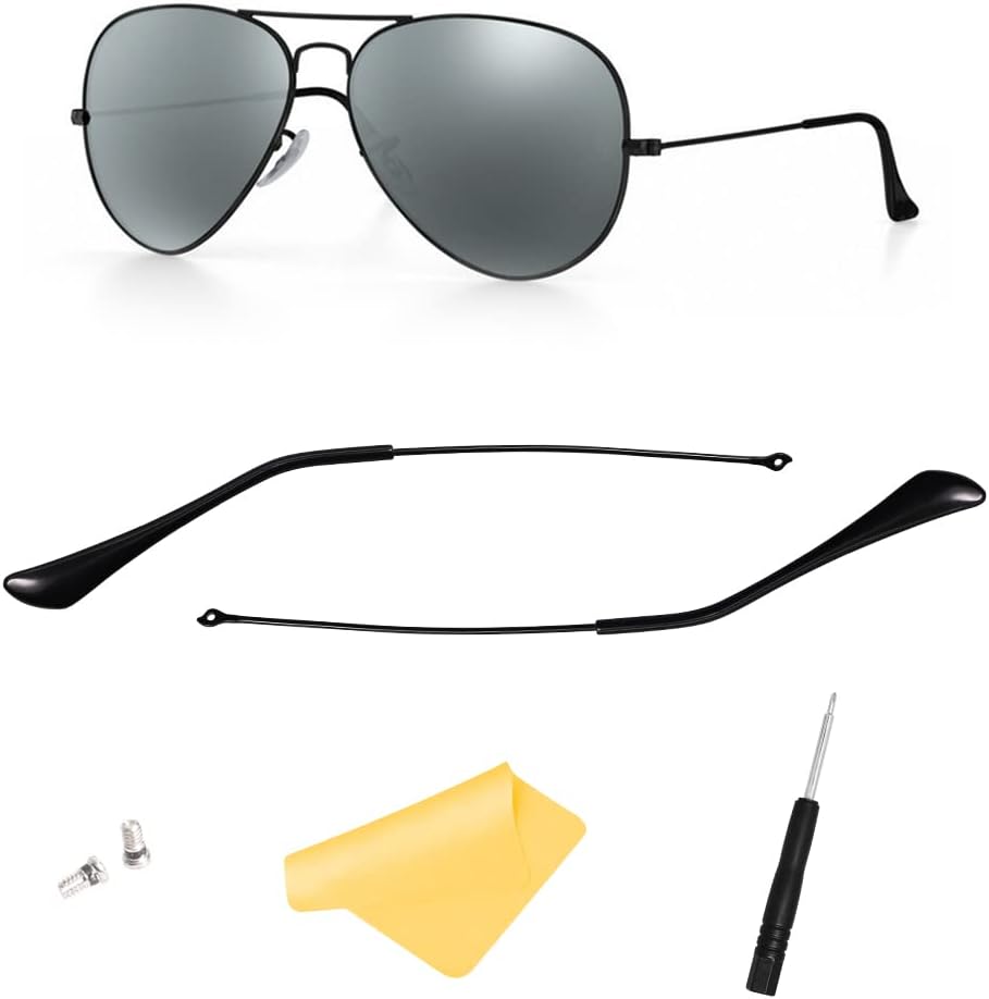 Compatible/Replacement Temple Tips Temple Arms(Ear Socks) Screws Screwdriver for Ray-Ban Aviator Series RB3025 3025 Sunglass ((Silver) Temple Arms+(Black) Temple Tips)