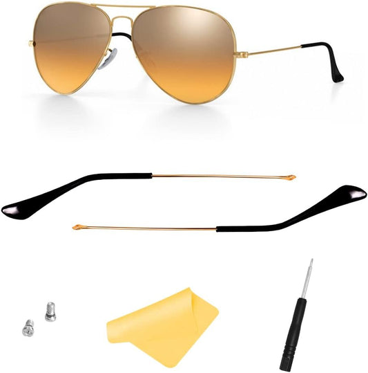 Replacement Temple Tips Temple Arms for Ray-Ban Aviator RB3025 RB3548 Sunglasses Repair Kit,Bonus Screws/Screwdriver/glasses cloth,Light Gold