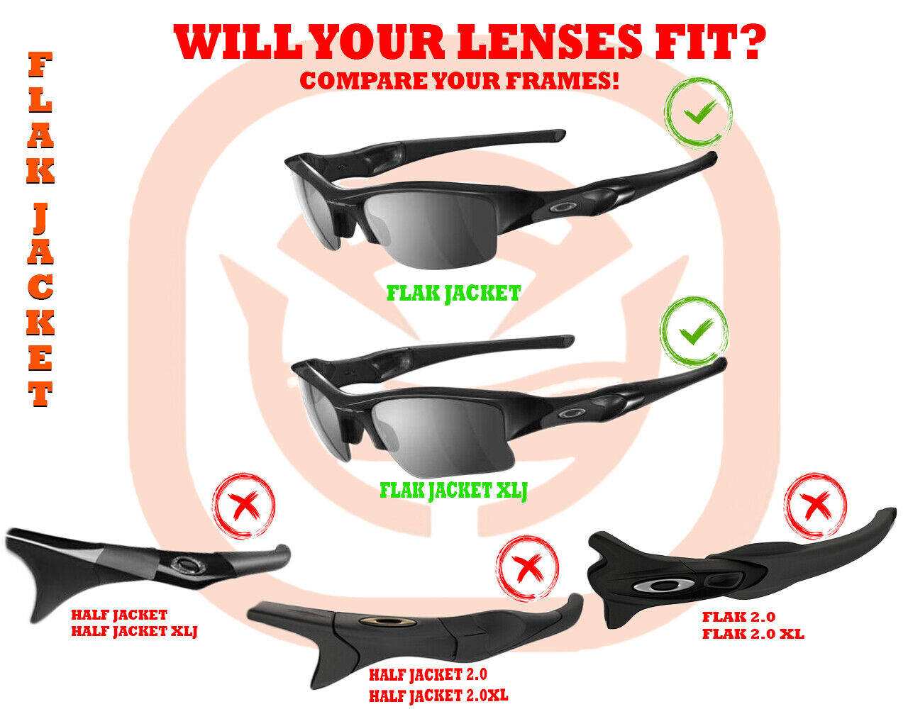 LenSwitch Replacement Lenses for Oakley Flak Jacket Sunglasses Dark Gray